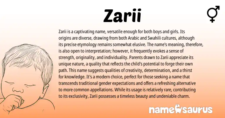 Infographic about Zarii name meaning, Zarii is a name from Persian origin(s).