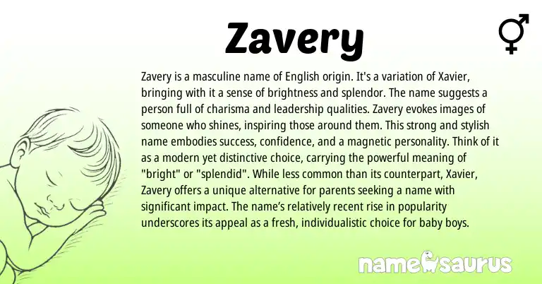 Infographic about Zavery name meaning, Zavery is a name from English origin(s).