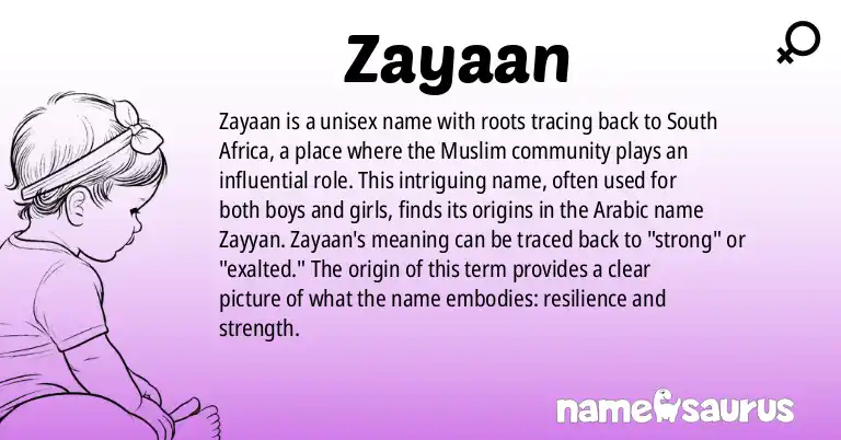 Infographic about Zayaan name meaning, Zayaan is a name from South African, Muslim origin(s).