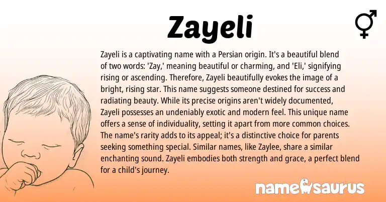 Infographic about Zayeli name meaning, Zayeli is a name from Persian origin(s).