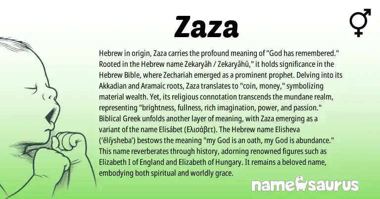 Infographic about Zaza name meaning, Zaza is a name from Akkadian, Biblical Greek, England, Aramaic, Hebrew origin(s).