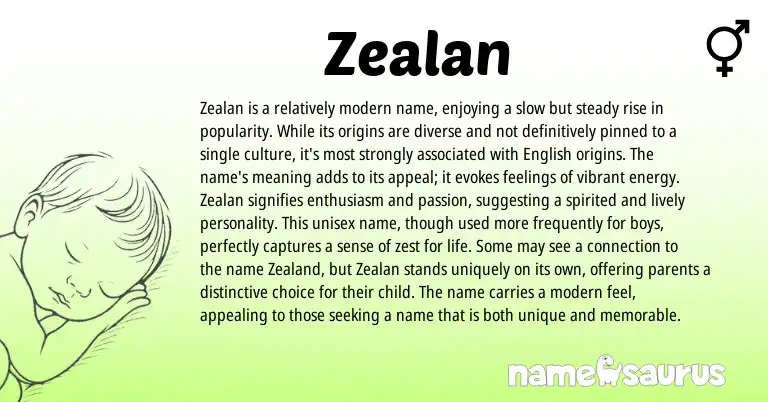Infographic about Zealan name meaning, Zealan is a name from American origin(s).