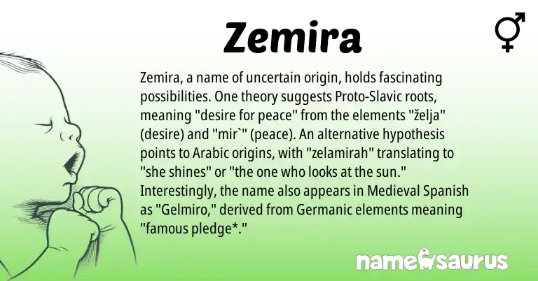 Infographic about Zemira name meaning, Zemira is a name from Medieval Spanish, Slavic, Germanic, Arabic origin(s).