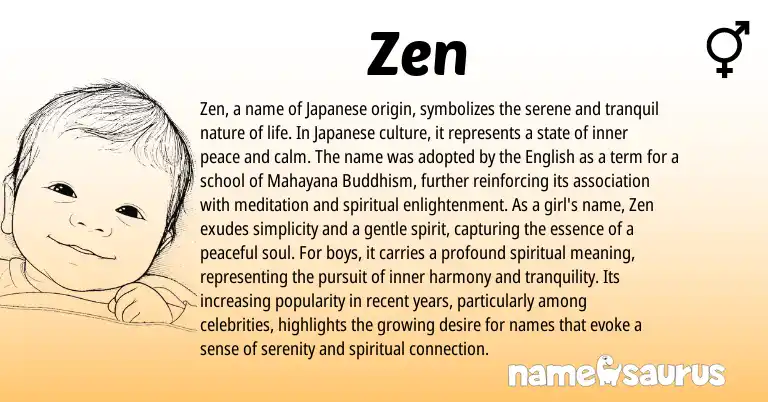 Infographic about Zen name meaning, Zen is a name from English, Buddhism, Japanese origin(s).