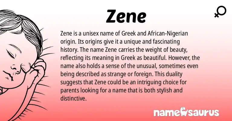 Infographic about Zene name meaning, Zene is a name from Greek, African - Nigeria origin(s).