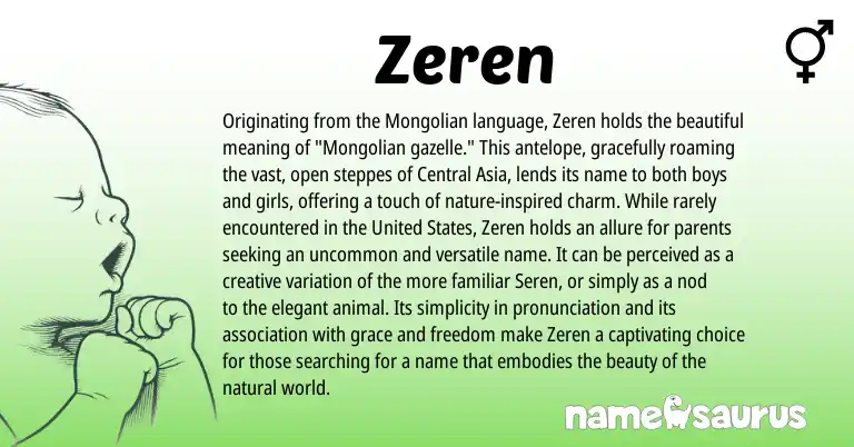 Infographic about Zeren name meaning, Zeren is a name from Mongolian, United States origin(s).