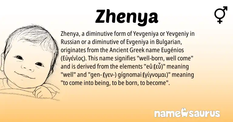 Infographic about Zhenya name meaning, Zhenya is a name from Russian, Bulgarian, Ancient Greek origin(s).