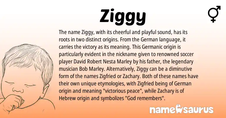 Infographic about Ziggy name meaning, Ziggy is a name from German, Germanic, Hebrew origin(s).