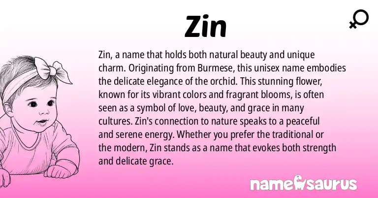 Infographic about Zin name meaning, Zin is a name from Burmese origin(s).
