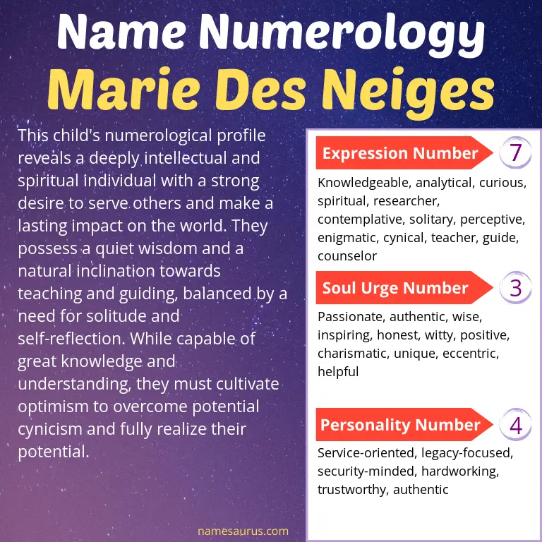 numerology of the name marie des neiges.