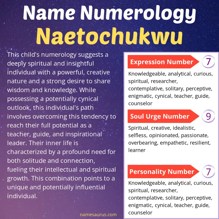 numerology of the name naetochukwu.