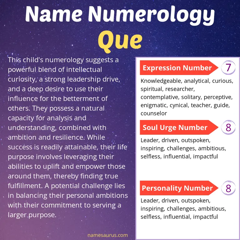 numerology of the name que.