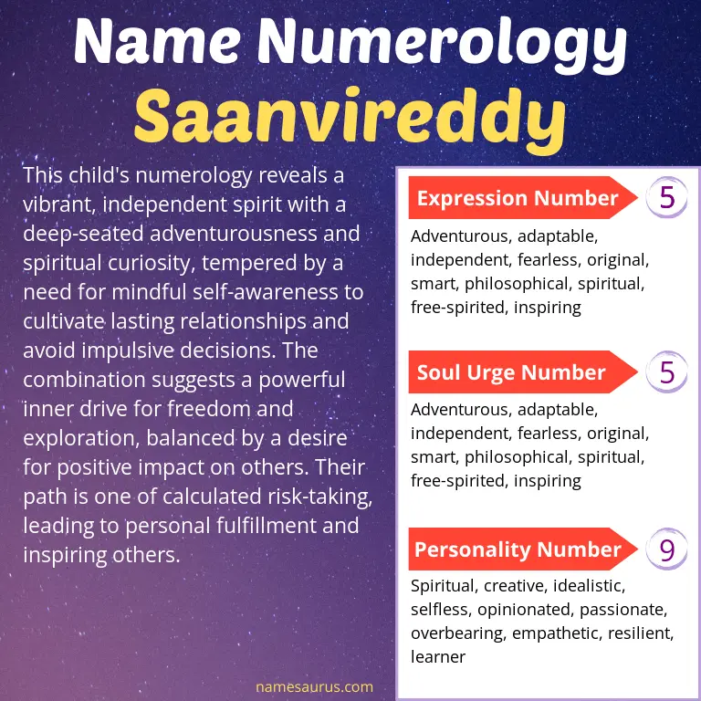 numerology of the name saanvireddy.