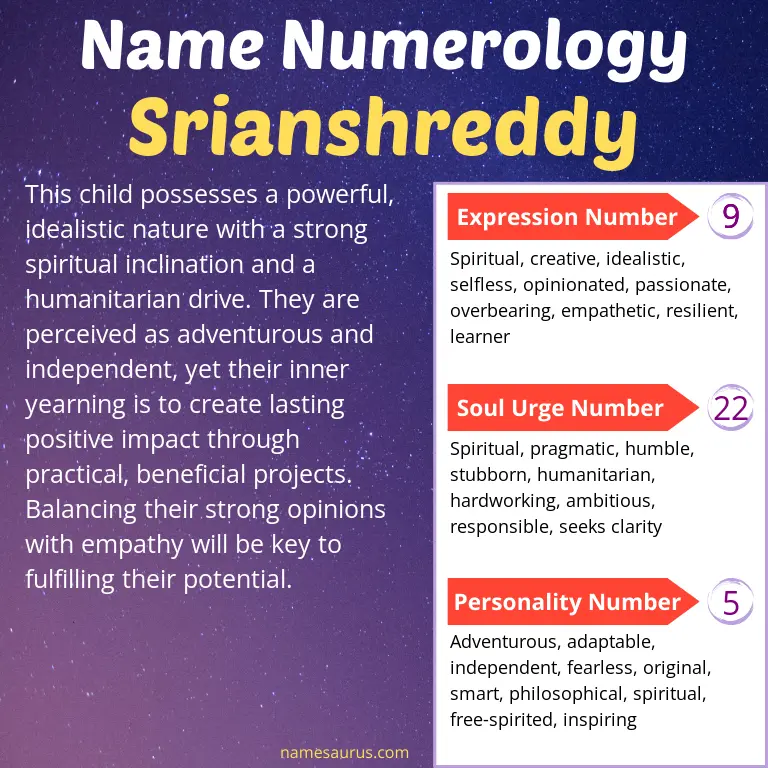 numerology of the name srianshreddy.