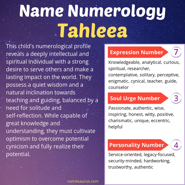 numerology of the name tahleea.