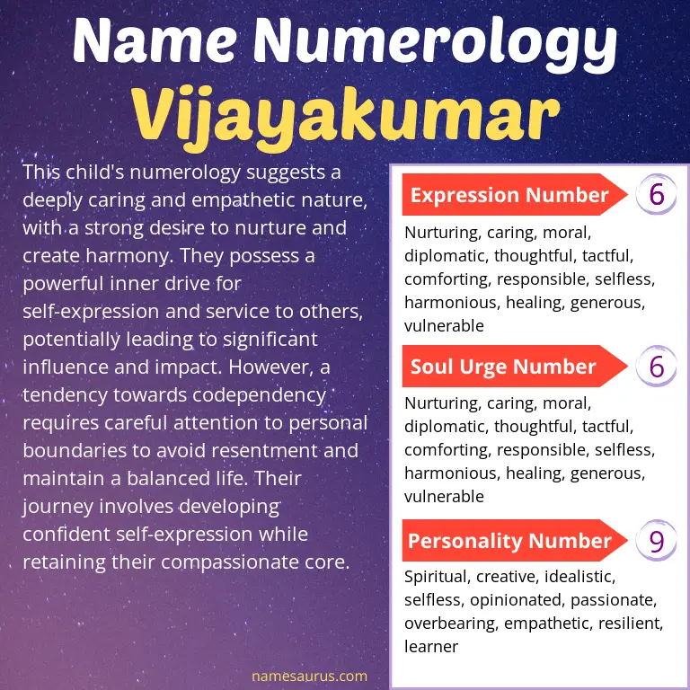 numerology of the name vijayakumar.