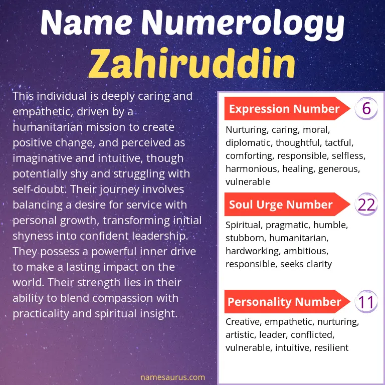 numerology of the name zahiruddin.